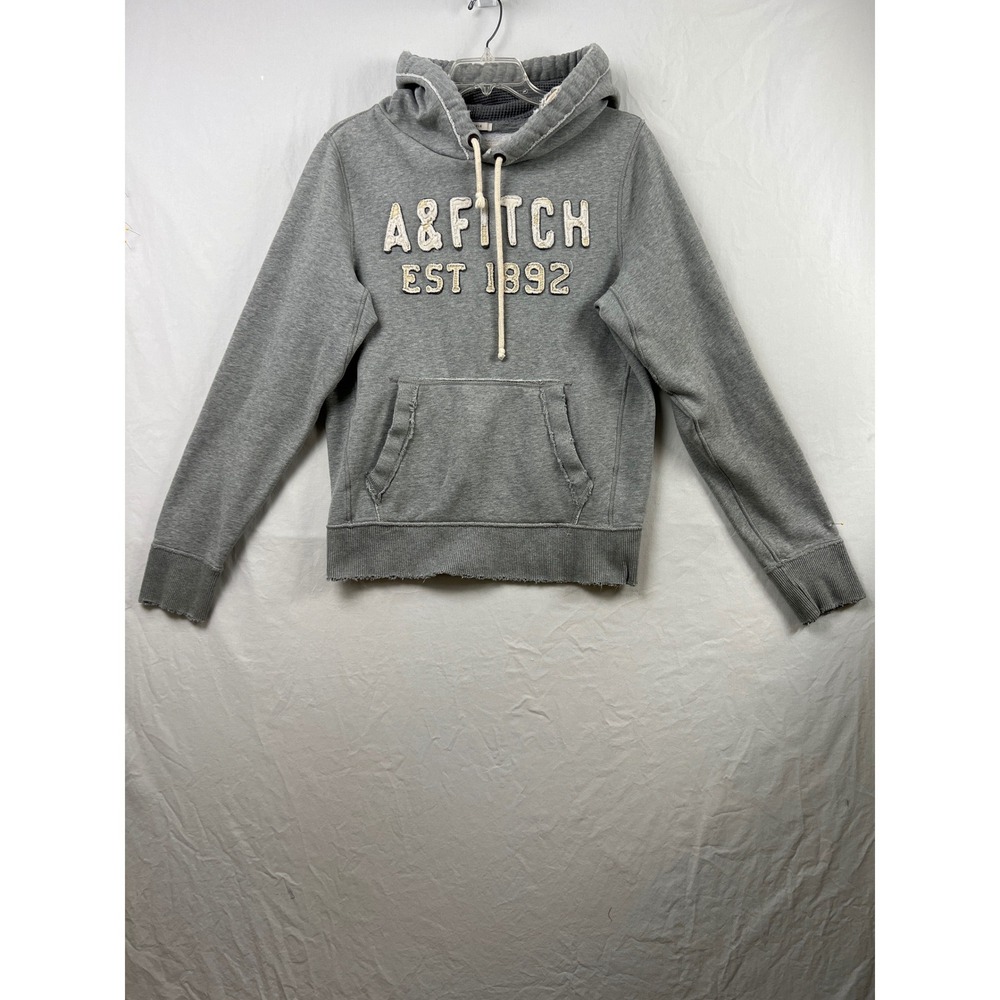 Abercrombie Fitch Hoodie Men XL Gray Muscle Fit Applique Logo Distressed Hem Y2K